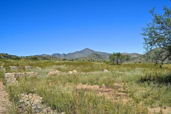 Grassy area in front of a small mountain range