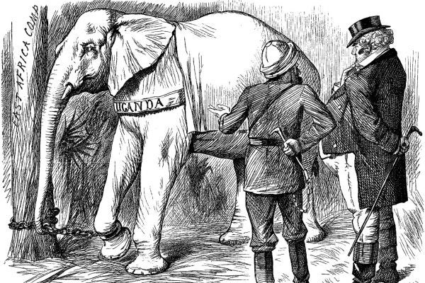 Black and white illustration of a chained elephant, titled Uganda, giving a side glance to the explorer and colonizer who are discussing it