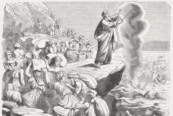 So Moses extended his hand toward the sea, and the sea returned to its normal state when the sun began to rise. Now the Egyptians were fleeing before it, but the Lord overthrew the Egyptians in the middle of the sea. The water returned and covered the chariots and the horsemen and all the army of Pharaoh that was coming after the Israelites into the sea  not so much as one of them survived! But the Israelites walked on dry ground in the middle of the sea, the water forming a wall for them on their right and on their left. (Exodus, Chapter 14, 27-29). Woodcut after a drawing by Julius Schnorr von Carolsfeld (German painter, 1794 - 1872) from the "Große Haus-Bilder-Bibel (Large House Pictures Bible)" by Dr. Martin Luther. Published by J. Ebner, Ulm (1877)