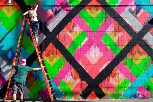 Neon colored Mural by Maya Hayuk for POW! WOW! Hawaii