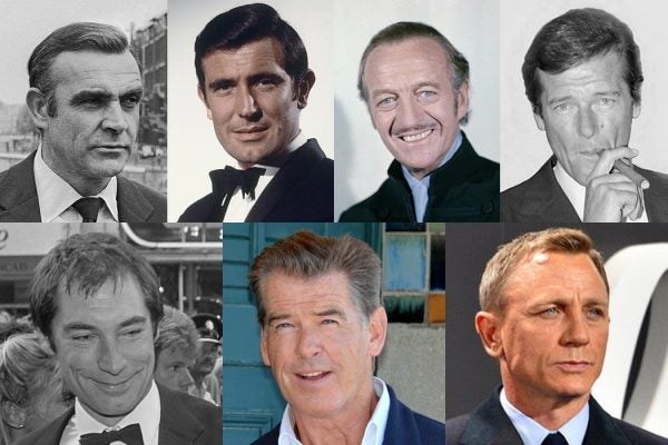 The many faces of James Bond. From the top left: Sean Connery, George Lazenby, David Niven, Roger Moore, Timothy Dalton, Pierce Brosnan and Daniel Craig.

Sean Connery - By Mieremet, Rob / Anefo [CC BY-SA 3.0 nl], via <a href="http://creativecommons.org/licenses/by-sa/3.0/nl/deed.en" target="_blank">Wikimedia Commons</a>

George Lazenby - via jamesbond.wikia.com/wiki/James_Bond_(George_Lazenby)

David Niven - "David Niven 4 Allan Warren" by Allan warren - Own work. Licensed under CC BY-SA 3.0 via <a href="https://commons.wikimedia.org/wiki/File:David_Niven_4_Allan_Warren.jpg#/media/File:David_Niven_4_Allan_Warren.jpg" target="_blank">Commons</a>

Roger Moore - By Allan warren (Own work) [<a href="http://creativecommons.org/licenses/by-sa/3.0" target="_blank">CC</a> BY-SA 3.0 or <a href="http://www.gnu.org/copyleft/fdl.html" target="_blank">GFDL</a>], via Wikimedia Commons

Timothy Dalton - By Molendijk, Bart / Anefo [<a href="http://creativecommons.org/licenses/by-sa/3.0/nl/deed.en" target="_blank">CC</a> BY-SA 3.0 nl], via Wikimedia Commons

Pierce Brosnan - Georges Biard [<a href="http://creativecommons.org/licenses/by-sa/3.0" target="_blank">CC</a> BY-SA 3.0], via Wikimedia Commons

Daniel Craig - Licensed under CC BY 2.0 via <a href="https://commons.wikimedia.org/wiki/File:Daniel_Craig_-_Film_Premiere_%22Spectre%22_007_-_on_the_Red_Carpet_in_Berlin_(22387409720)_(cropped).jpg#/media/File:Daniel_Craig_-_Film_Premiere_%22Spectre%22_007_-_on_the_Red_Carpet_in_Berlin_(22387409720)_(cropped).jpg" target="_blank">Wikimedia Commons</a>