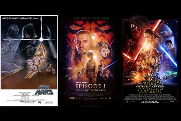 From left: Star Wars movie poster 1977, Star Wars: Phantom Menace movie poster 1999, Star Wars: The Force Awakens movie poster 2015