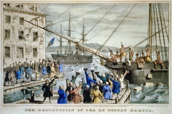 "The Destruction of Tea at Boston Harbor", lithograph depicting the 1773 Boston Tea Party