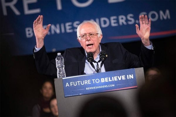 Democratic presidential candidate Sen. Bernie Sanders, I-Vt., speaks during a campaign stop at the Rochester Opera House, Thursday, Feb. 4, 2016, in Rochester, N.H. (AP Photo/John Minchillo)