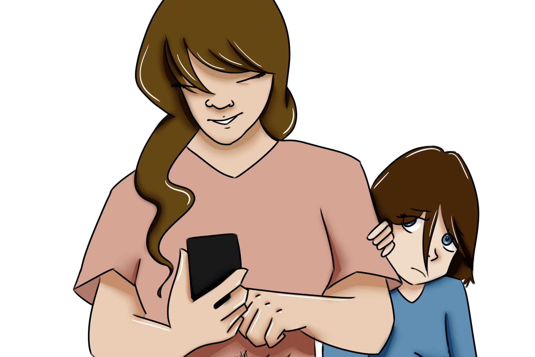 Comic illustration of a mother ignoring her child in favor of a smart phone