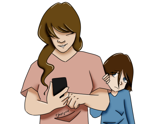 Comic illustration of a mother ignoring her child in favor of a smart phone