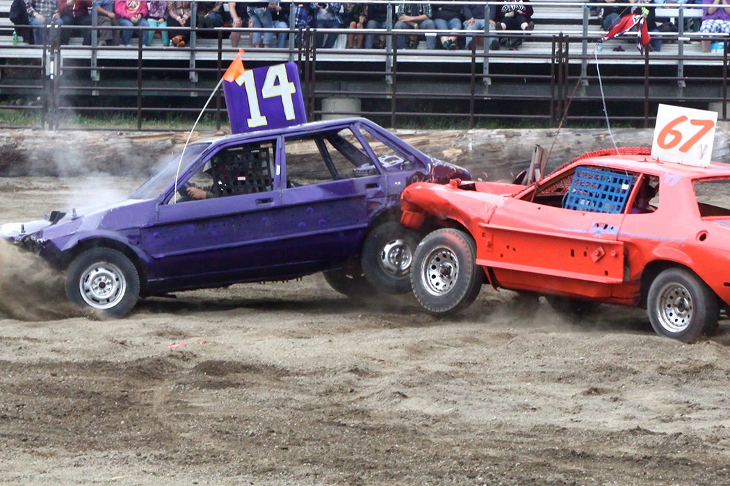 Cars crashing at the demolition derby