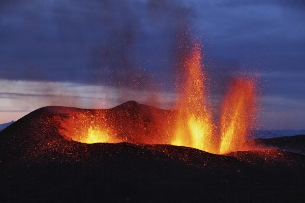 Molten lava erupts from Eyjafjallajokull, Fimmvorduhals, Iceland