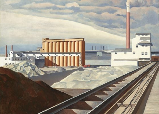 A modern painting depicting a thin railway and other industrial markers