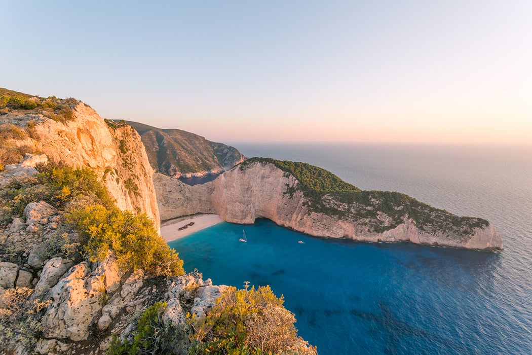 Colourful sunset over famous shipwreck beach. Zakynthos, Greek Islands, Greece