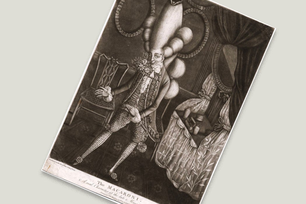 "The Macaroni. A real Character at the late Masquerade", mezzotint by Philip Dawe, 1773