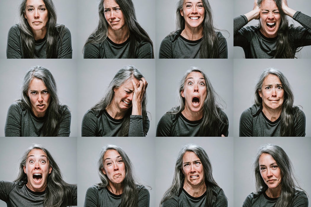 Head shot portraits of a woman making different faces.