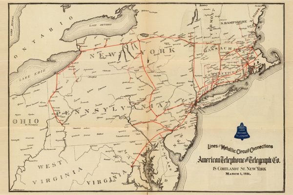 A map of lines and metallic circuit connections by the American Telephone and Telegraph Co., 1891