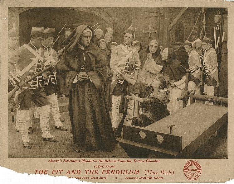 Lobby card for the silent film The Pit and the Pendulum directed by Alice Guy-Blaché, 1913