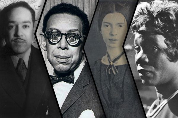 From left to right: Langston Hughes, Robert Hayden, Emily Dickinson, and Beah Richards