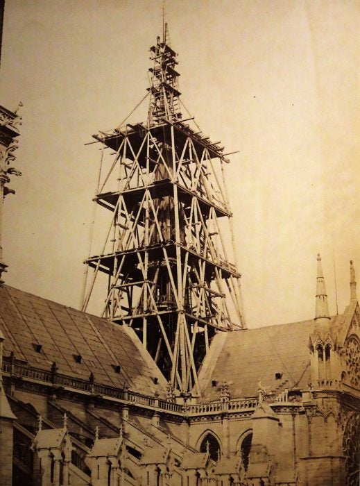 Scaffolding of the spire under construction of the cathedral of Notre-Dame de Paris, circa 1853