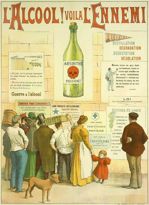 Poster warning of the dangers of absinthe and other alcoholic drinks.