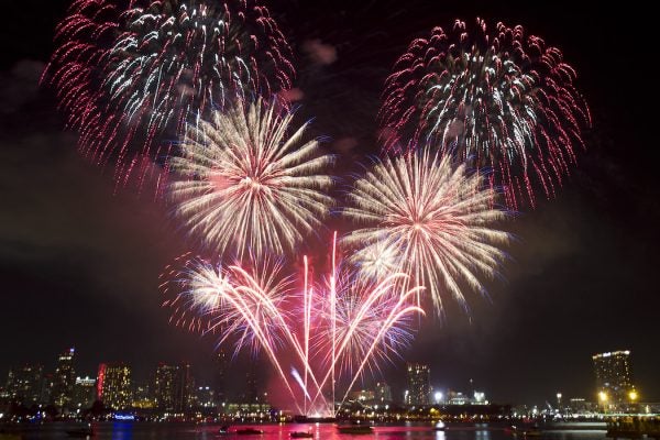 Fireworks explode over a city in the night sky