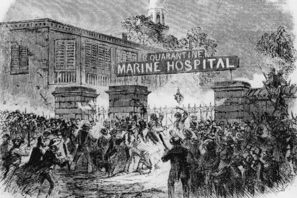 Illustration: A mob attacking the Quarantine Marine Hospital in New York because they believed that its use was responsible for the numerous yellow fever epidemics. Original Publication: Harper's Weekly - pub. 1858 (Photo by Hulton Archive/Getty Images)

Source: Getty