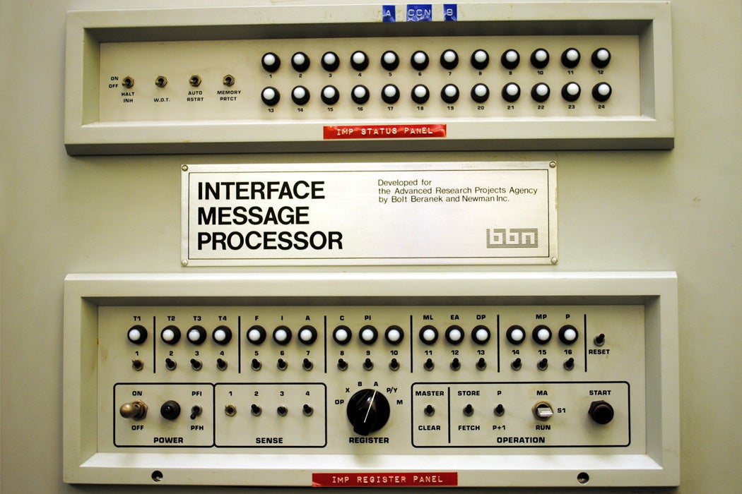 the front panel of the very first Internet Message Processor (IMP), which went to UCLA's Boelter 3420 lab and became the very first node on the ARPANET, which would become the Internet