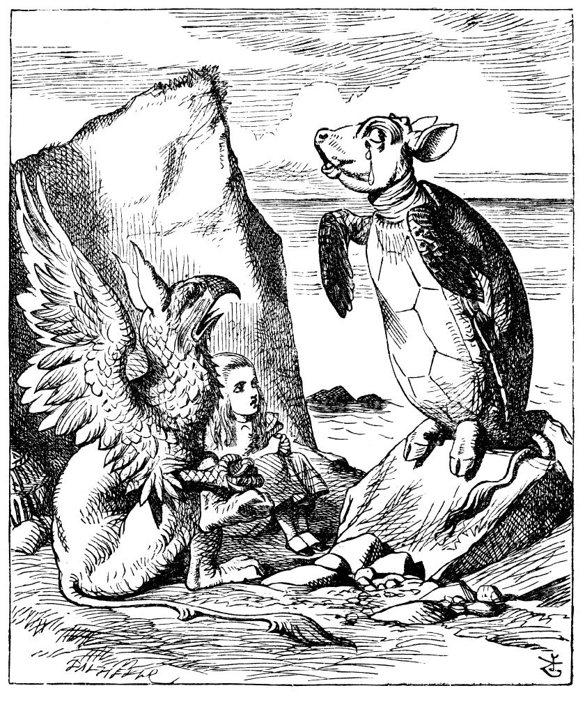 Alice sitting between Gryphon and Mock turtle