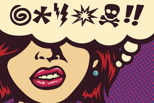 Pop art style comics panel angry woman grinding teeth with speech bubble and swear words symbols