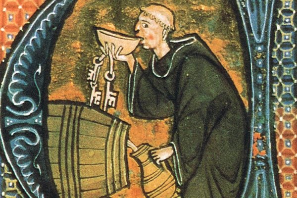 An abbey cellarer testing his wine. Illumination from a copy of Li livres dou santé by Aldobrandino of Siena, late 13th century