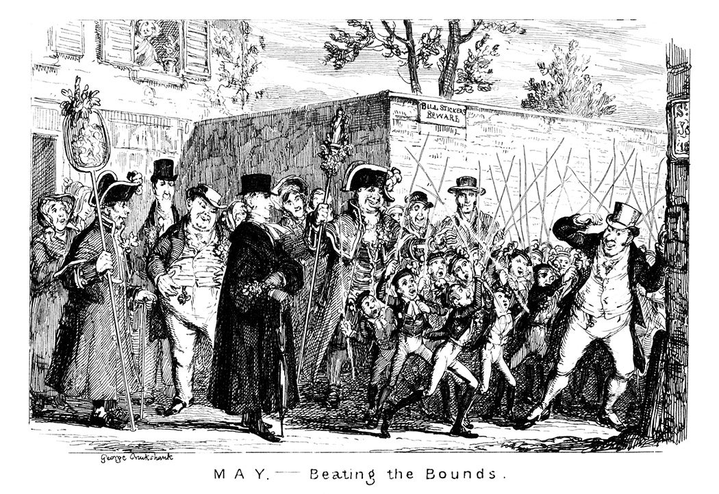 Crowds of excited people taking part in the traditional ceremony of ‘Beating the Bounds’ - an ancient custom which is still observed in some parts of England and Wales. It was a way of checking that parish boundaries were where they should be and no encroachment had been made on that parish’s territory by another parish or landowner. The ‘beating’ would be carried out by boys who would beat the parish markers or boundary stones with birch or willow boughs.