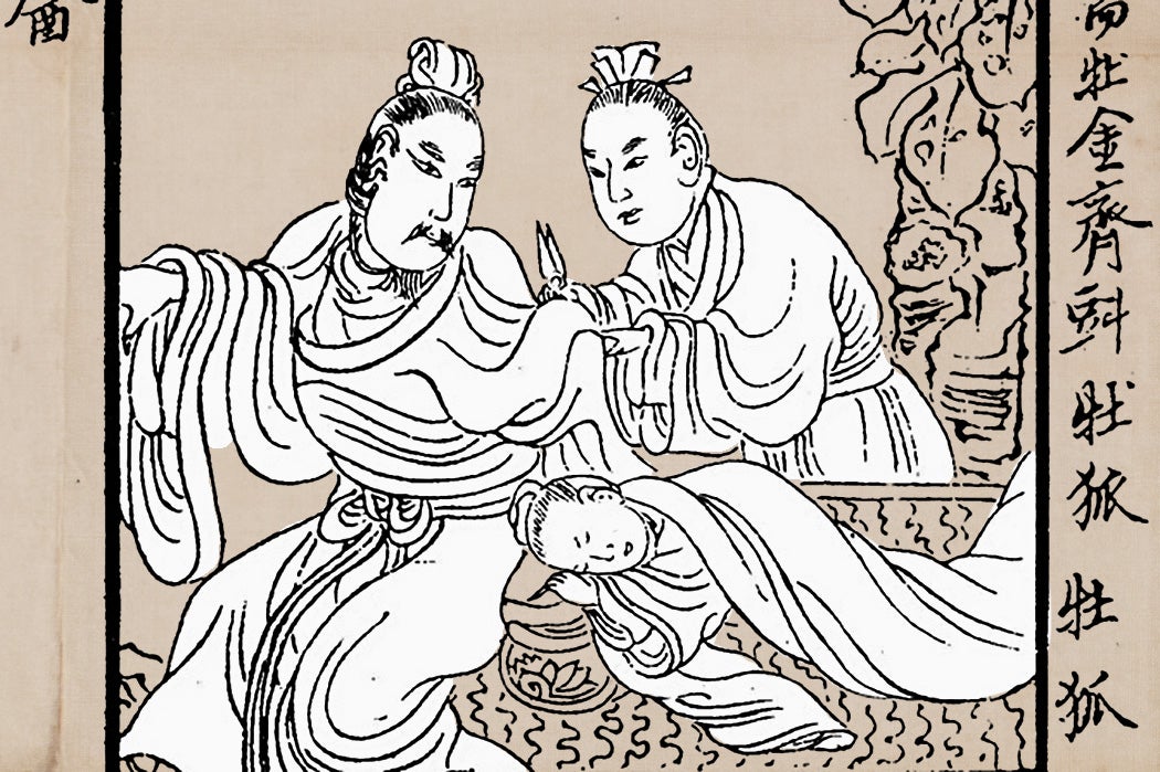 An illustration of Dong Xian and Emperor Ai depicting the story of Passion of the cut sleeve