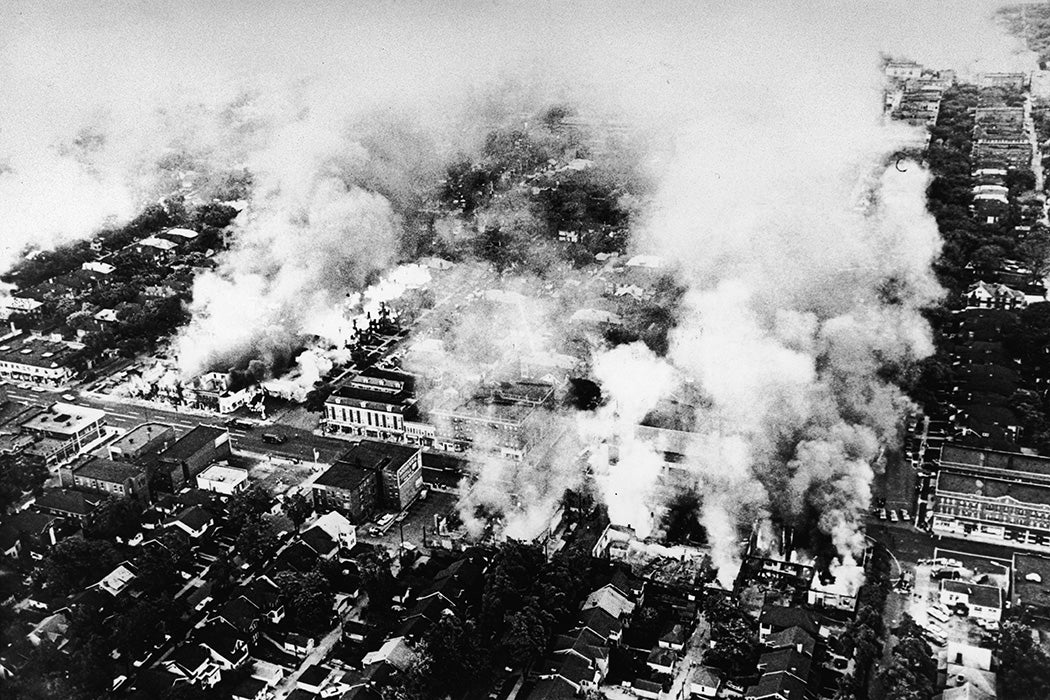 Aerial view of widespread fires started during the riots in Detroit, Michigan, July 1967