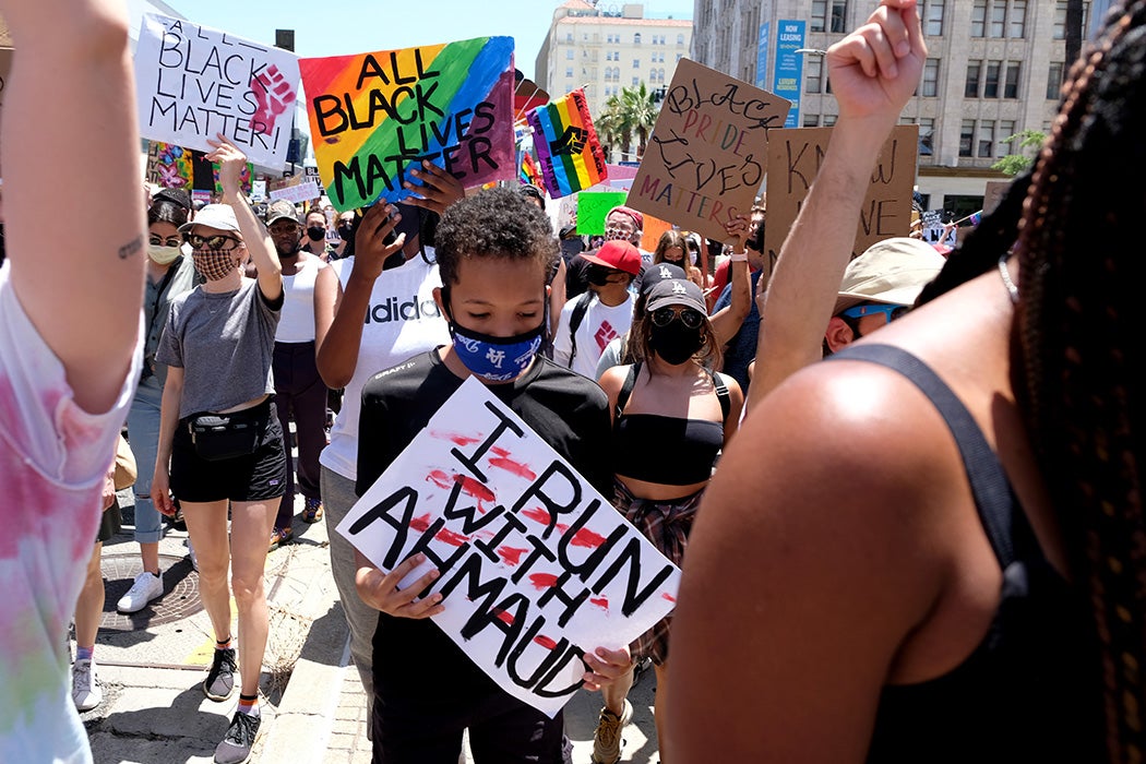 A young protester marches during the All Black Lives Matter Solidarity March on June 14, 2020 in Los Angeles, California.