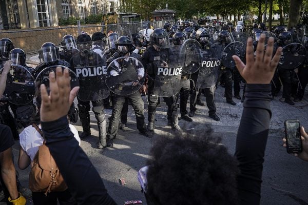 Demonstrators protest the death of George Floyd in downtown Washington, DC on June 1, 2020.