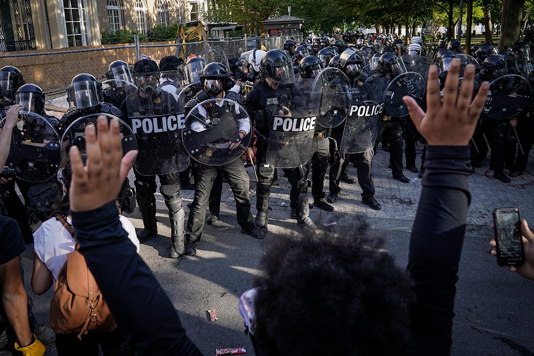 Demonstrators protest the death of George Floyd in downtown Washington, DC on June 1, 2020.