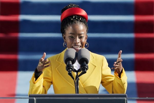 American poet Amanda Gorman reads a poem during the the 59th inaugural ceremony on the West Front of the U.S. Capitol on January 20, 2021 in Washington, DC.