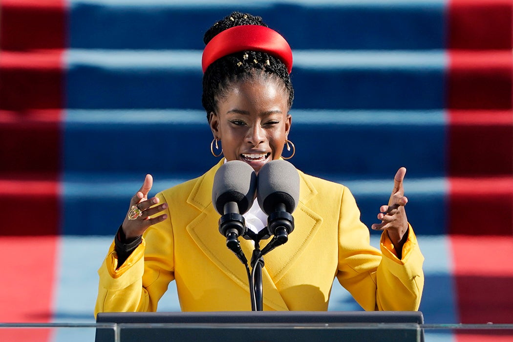 American poet Amanda Gorman reads a poem during the the 59th inaugural ceremony on the West Front of the U.S. Capitol on January 20, 2021 in Washington, DC.