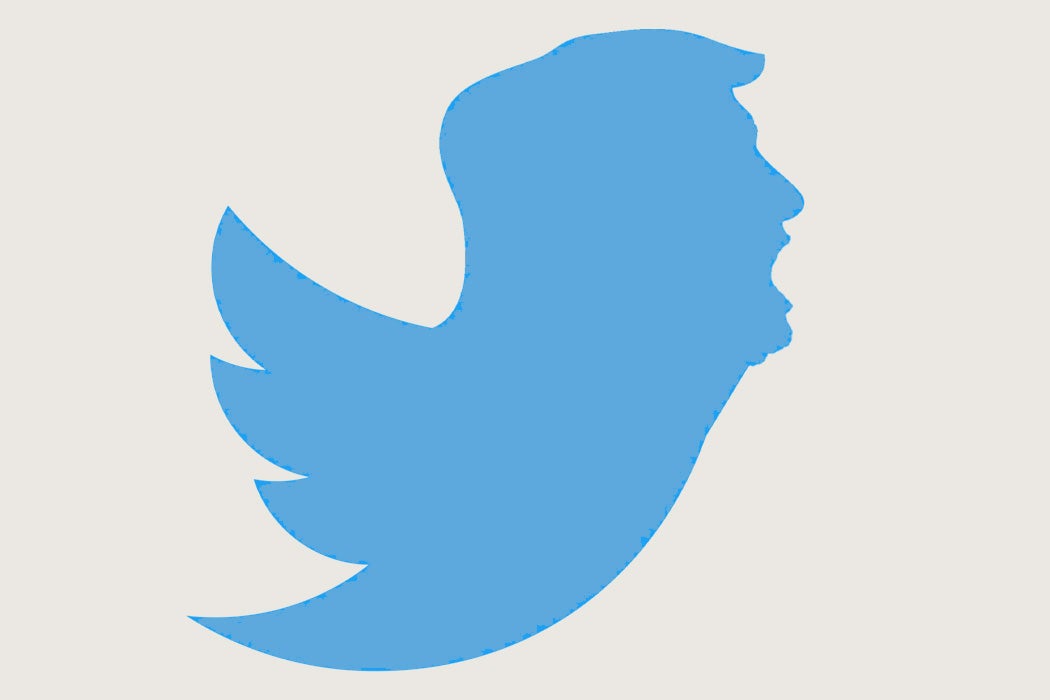 A twitter logo with the head of Donald Trump