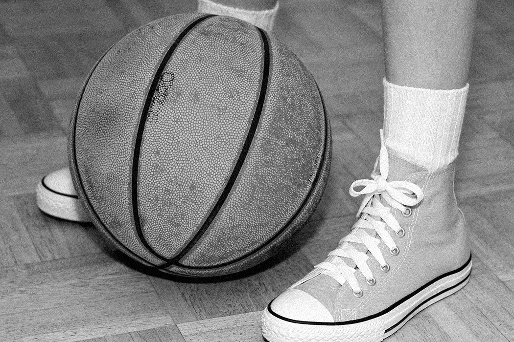 Close up of a basketball players feet