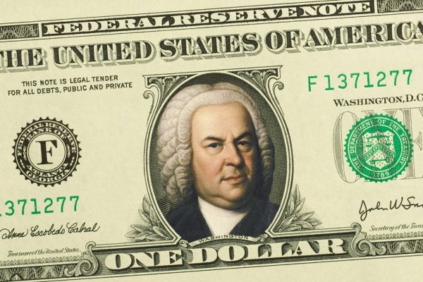 A dollar bill with a portrait of Bach