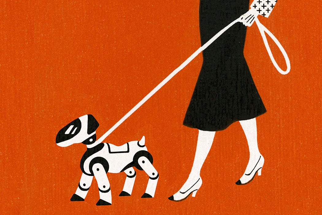 Woman walking a robot on a leash