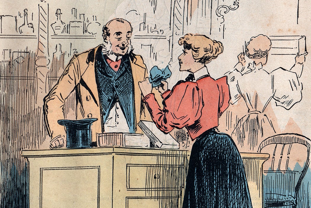 Man buying garters from a female shop assistant