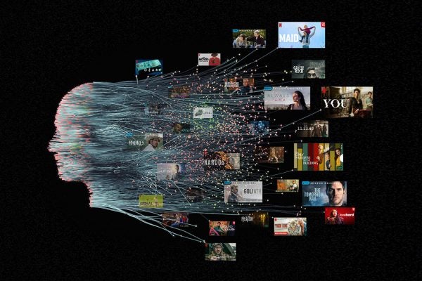 An illustration depicting a face made out of circuits that dissolves into a cloud filled with screenshots of streaming television and movie title images