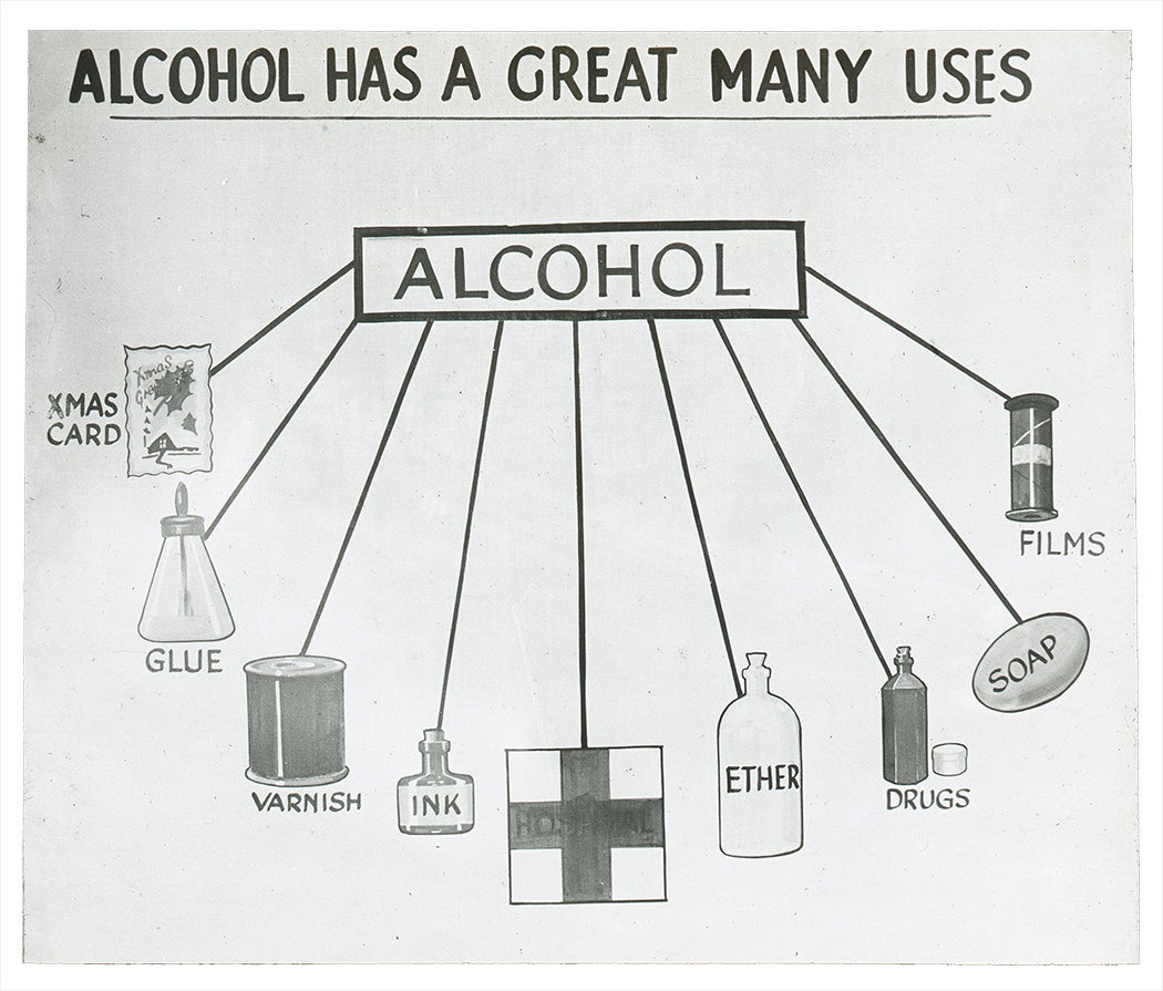 ALCOHOL HAS A GREAT MANY USES ALCOHOL XMAS CARD GLUE VARNISH INK HOSPITAL ETHER DRUGS SOAP FILMS