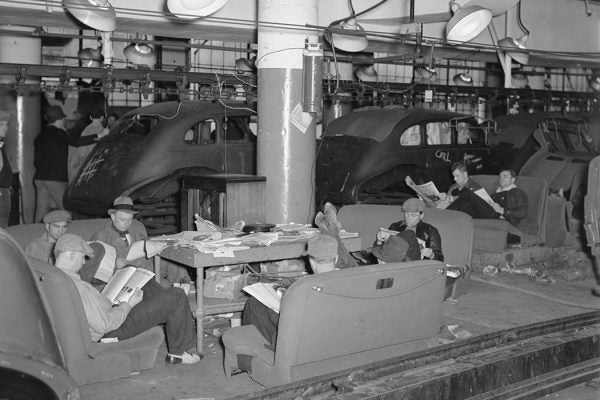 Sitdown strikers in the Fisher body plant factory number three. Flint, Michigan, 1937