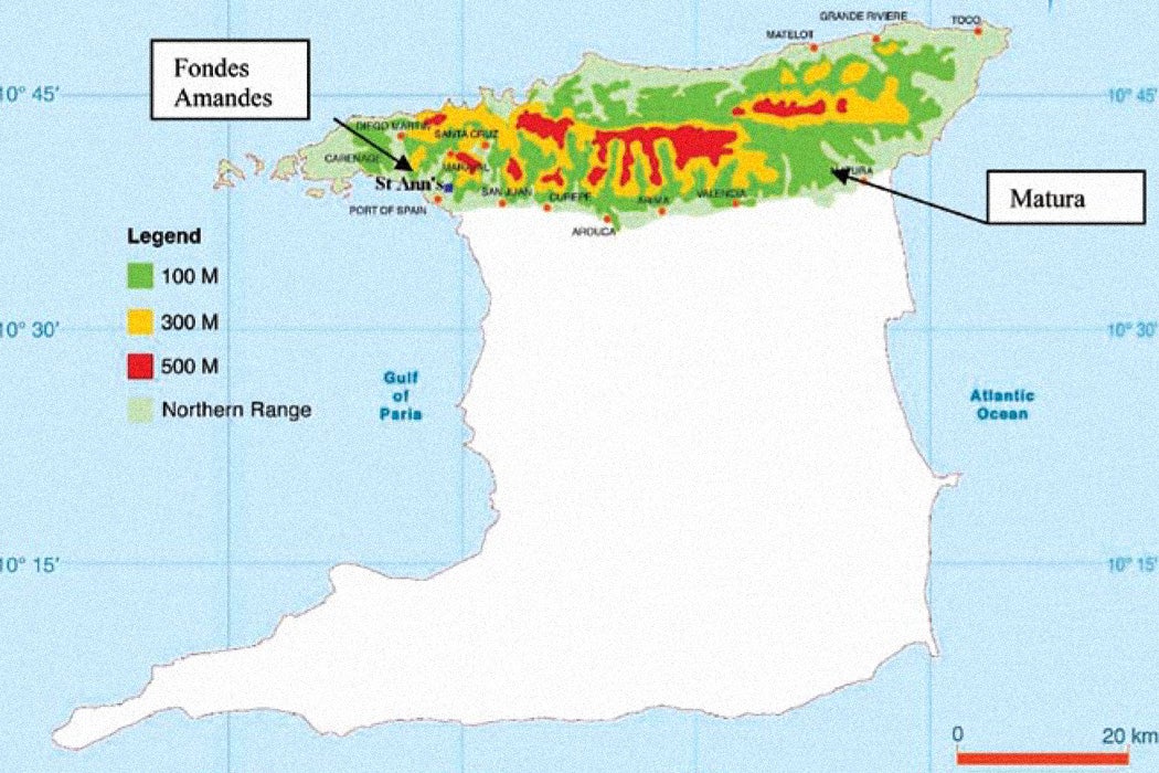 A map of Trinidad showing the location of Fondes Amandes