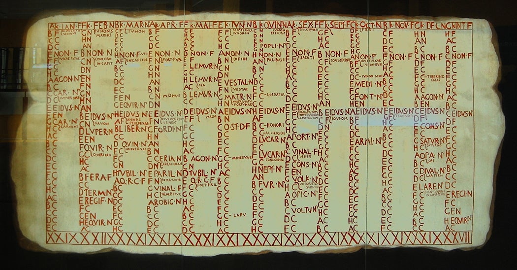 A reproduction of the Fasti Antiates Maiores, a painted wall-calendar from the late Roman Republic