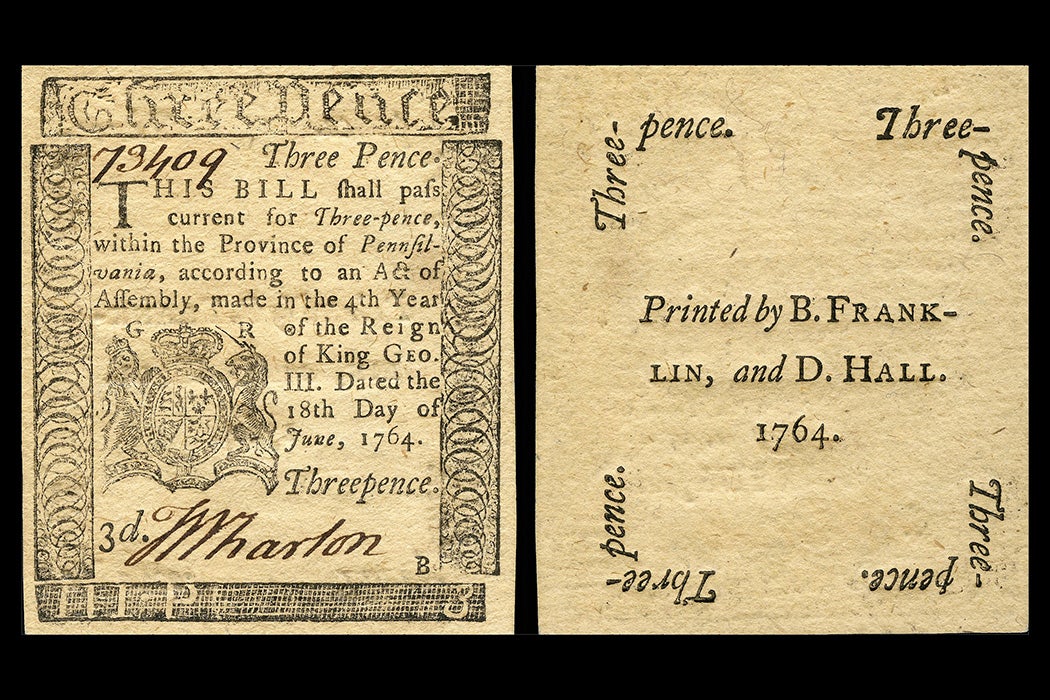 Three pence Colonial currency from the Province of Pennsylvania. Signed by Thomas Wharton. Printed by Benjamin Franklin and David Hall, 1764