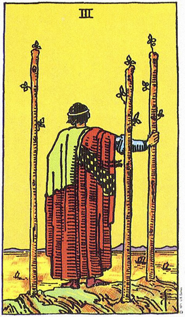 The Three of Wands tarot card from the Rider–Waite tarot deck