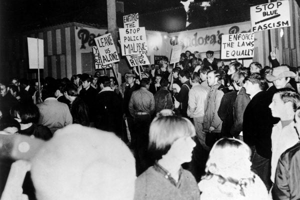 Approximately 1000 young music fans gathered at the Pandora's Box club on Sunset Strip to protest a 10pm curfew imposed by local residents during the "Sunset Strip Curfew Riots" aka "hippie riots" on November 12, 1966.