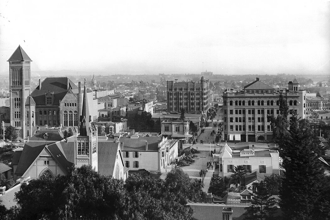 Broadway and Third Street, looking east on Third Street from Olive Street, Los Angeles, 1890-1900