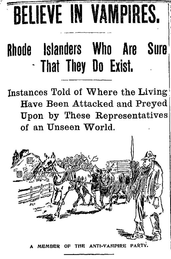 Headline and editorial cartoon for a story on superstitious beliefs in rural Rhode Island including Mercy Brown, 1896